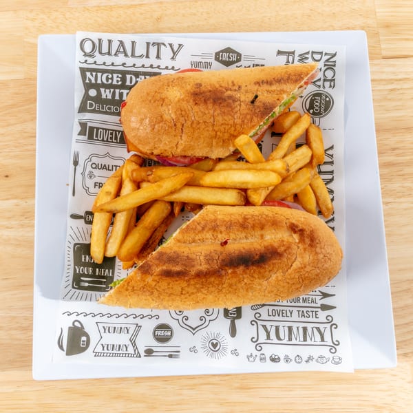 A toasted sandwich cut in half, served with a side of golden french fries on a white plate.