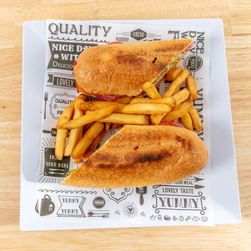 A toasted sandwich cut in half, served with a side of golden french fries on a white plate.